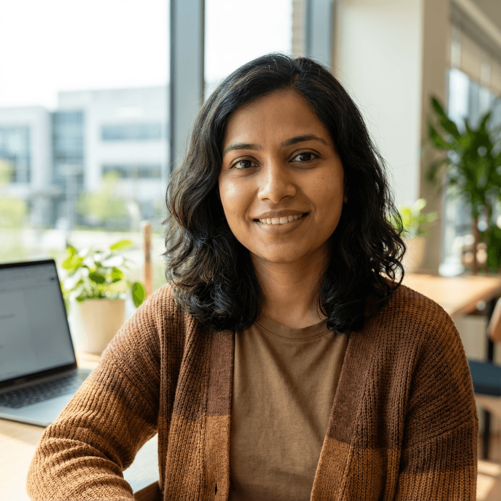 Priya Patel smiling in a bright casual setting