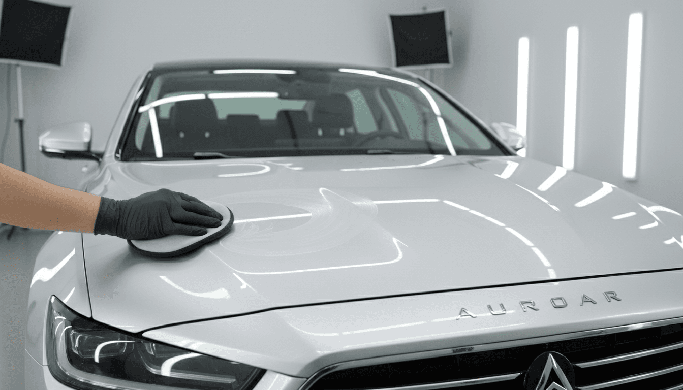 Technician polishing the hood of a clean sedan in a Toronto detailing studio