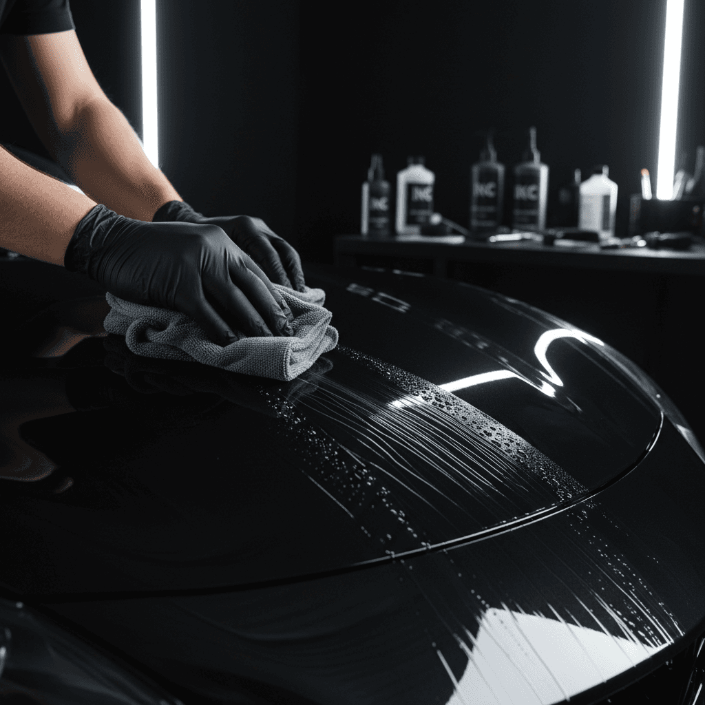 Detailing professional polishing a glossy car door panel with a microfiber cloth