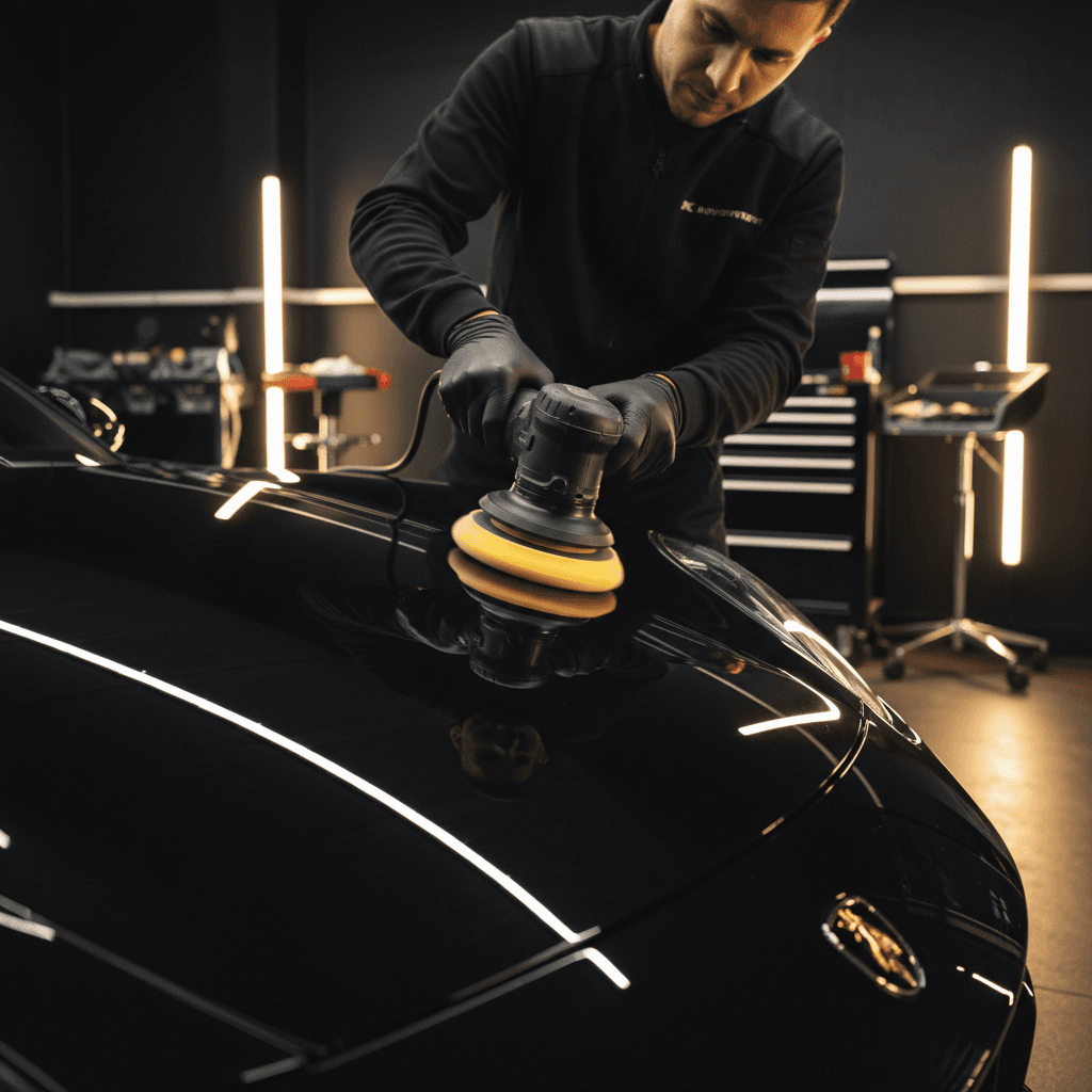 Polishing a dark blue sedan hood