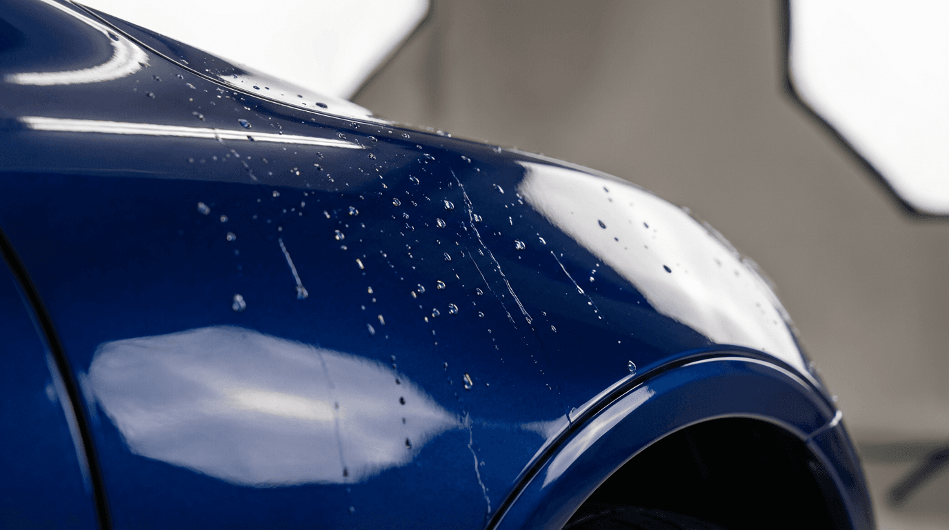 Shiny car door panel being polished with a microfiber cloth