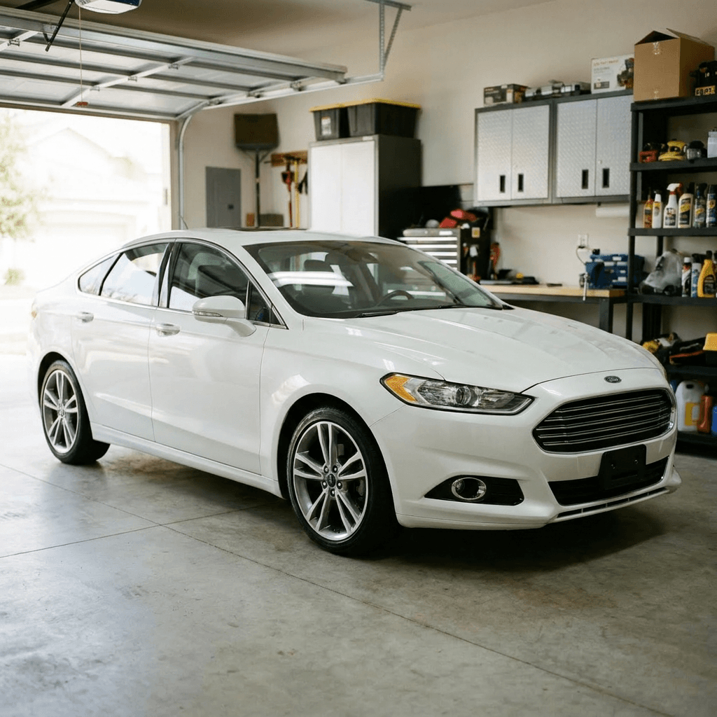 Finished white sedan with glossy paint